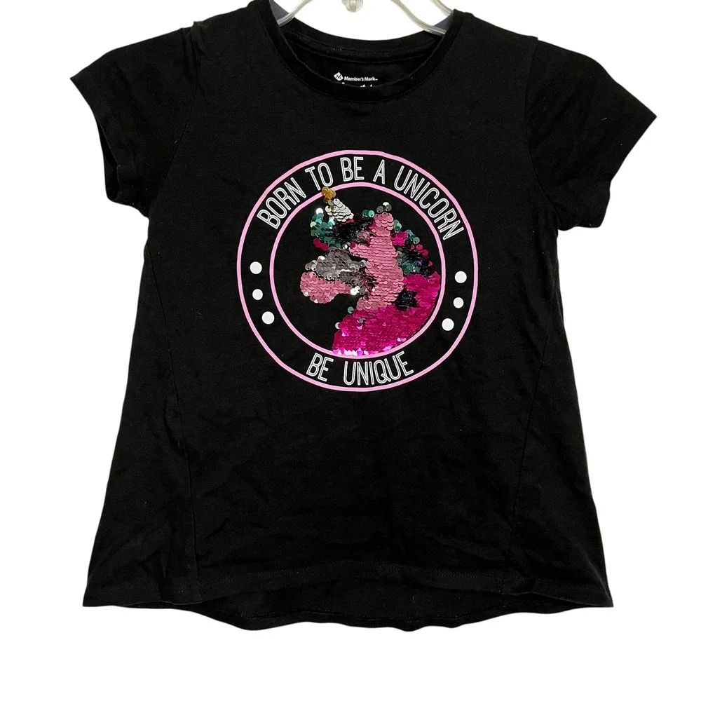 2/$15 Kids Black Unicorn Sequin Graphic Tee Born To Be A Unicorn 7/8 (3163)